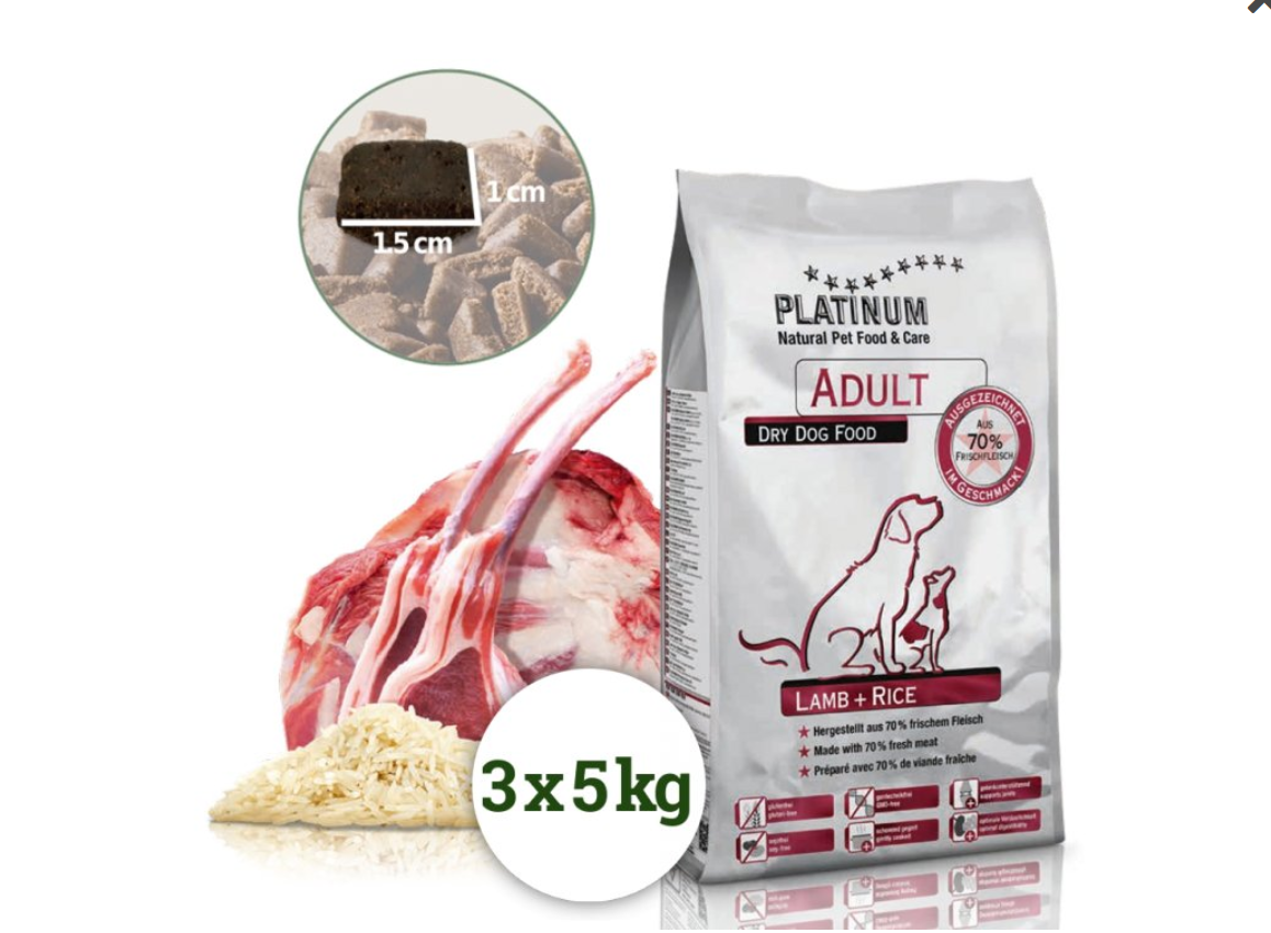 Platinum Natural Adult Lamb & Rice 15 kg(3x5Kg)